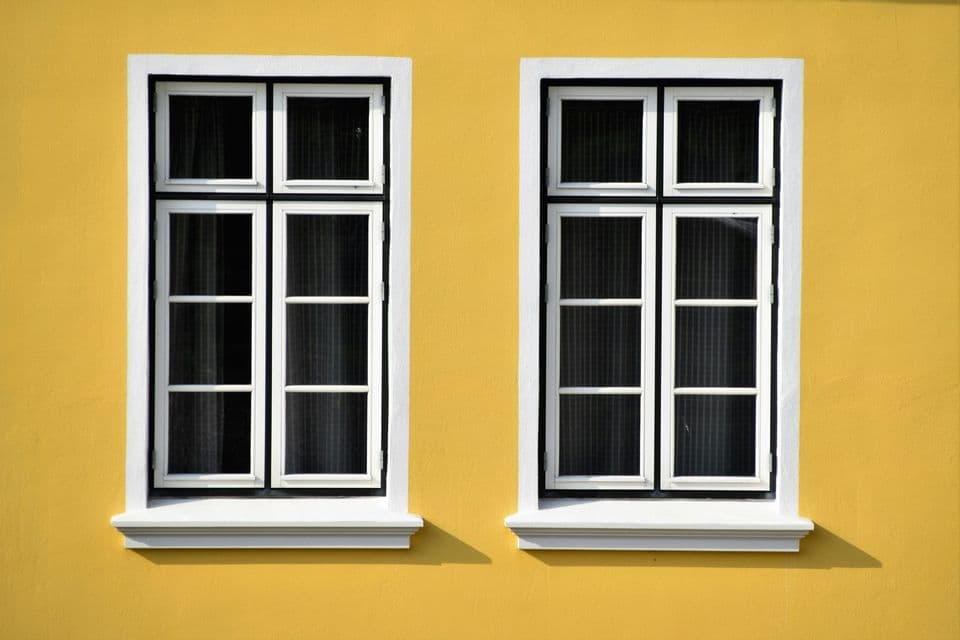 Two identical white-framed windows side by side on a plain yellow wall