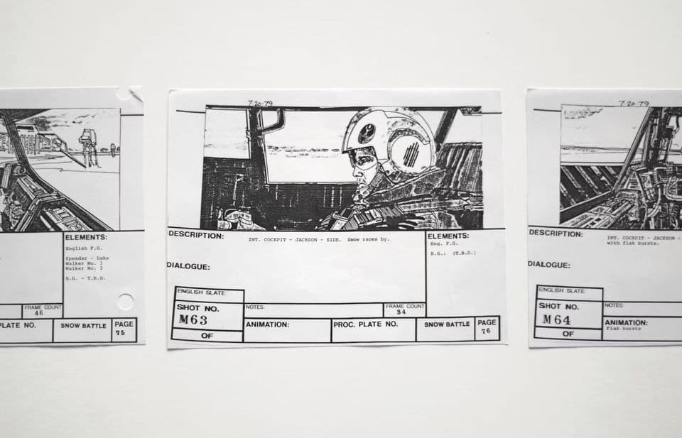 Three printed storyboard sheets taped in a row on a white wall, each with a drawn cockpit frame above ruled boxes for description, dialogue, shot number and frame count