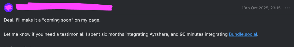 Client testimonial about migration from Ayrshare