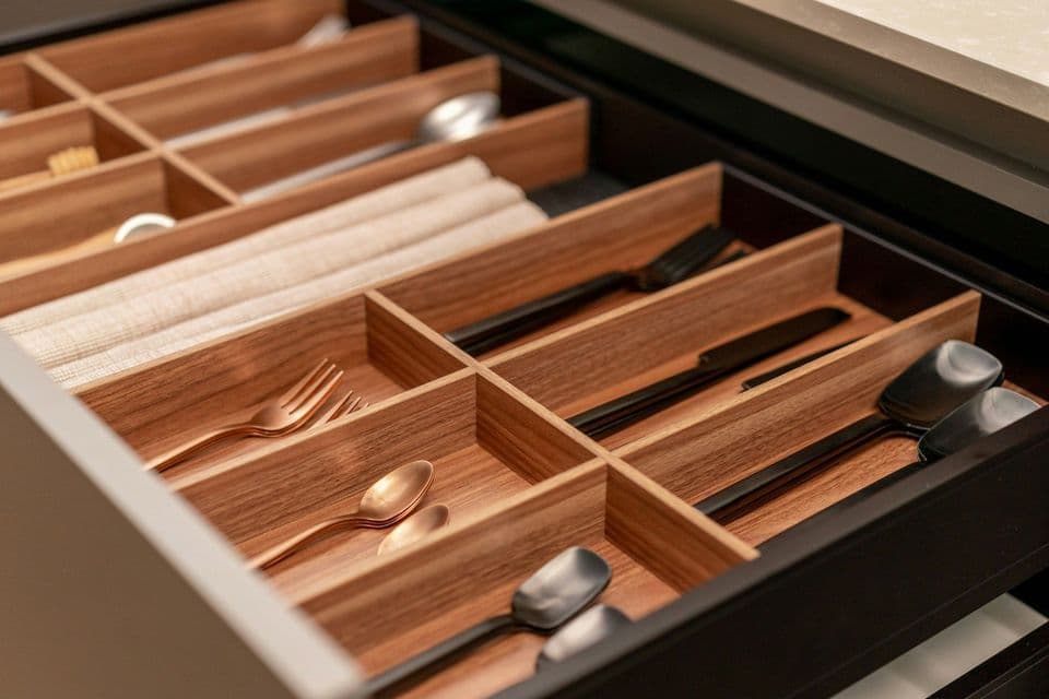 An open drawer with wooden dividers, copper forks and spoons in the near compartments and black cutlery in the far ones